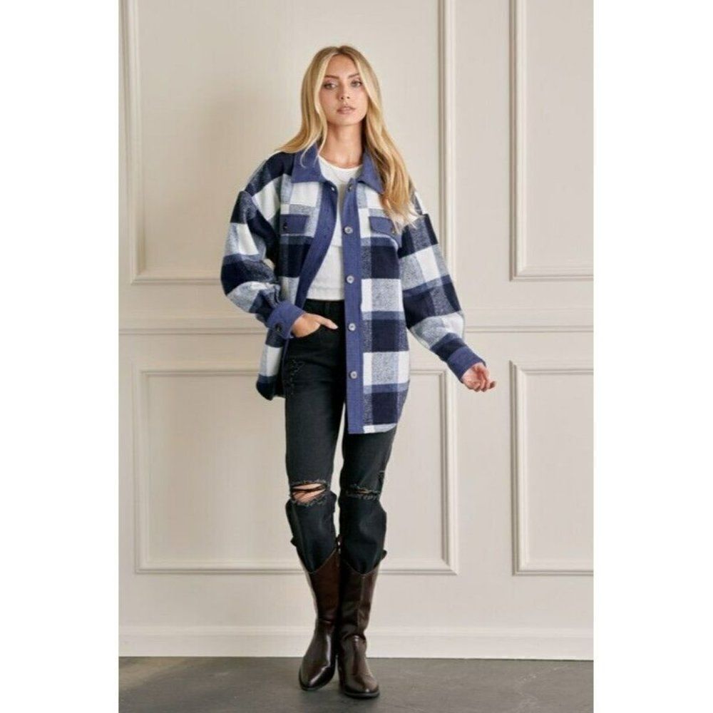 GeeGee Clothing Denim Blue Plaid Button Up Shirt Jacket Shacket  S-L SJ1798 - Picture 3 of 5